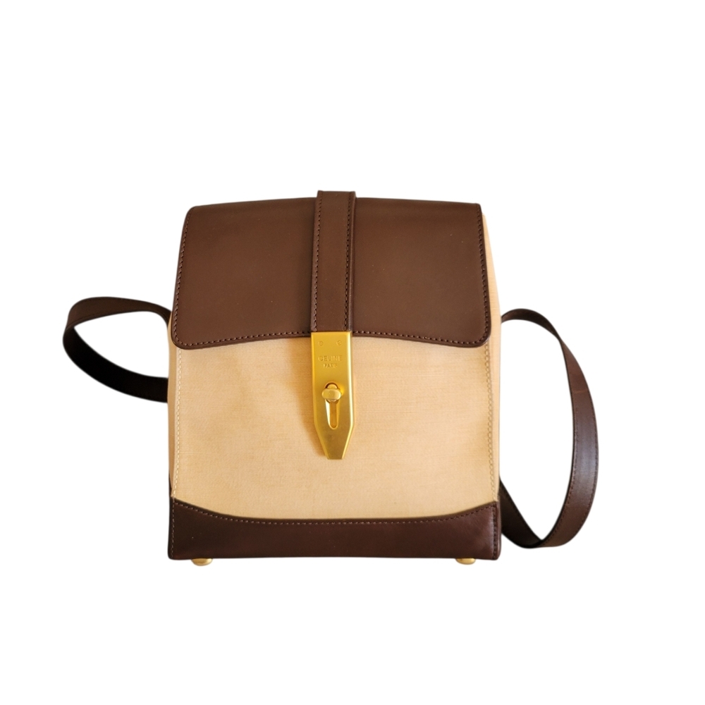 Celine Canvaa Leather Brown Cream Crossbody Bag